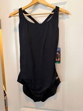 Speedo Black Ribbed Crossback One-Piece Swimsuit